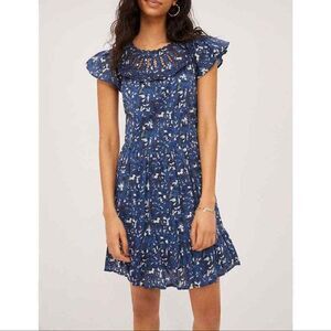 Anthropologie Othilia Dessa Ruffled Mini Dress In Blue Motif Size M